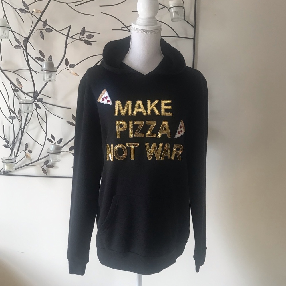 Bow & Drape Black Hoodie Sweatshirt 'Make Pizza Not War' Sequin Detail Sz medium - Picture 2 of 7